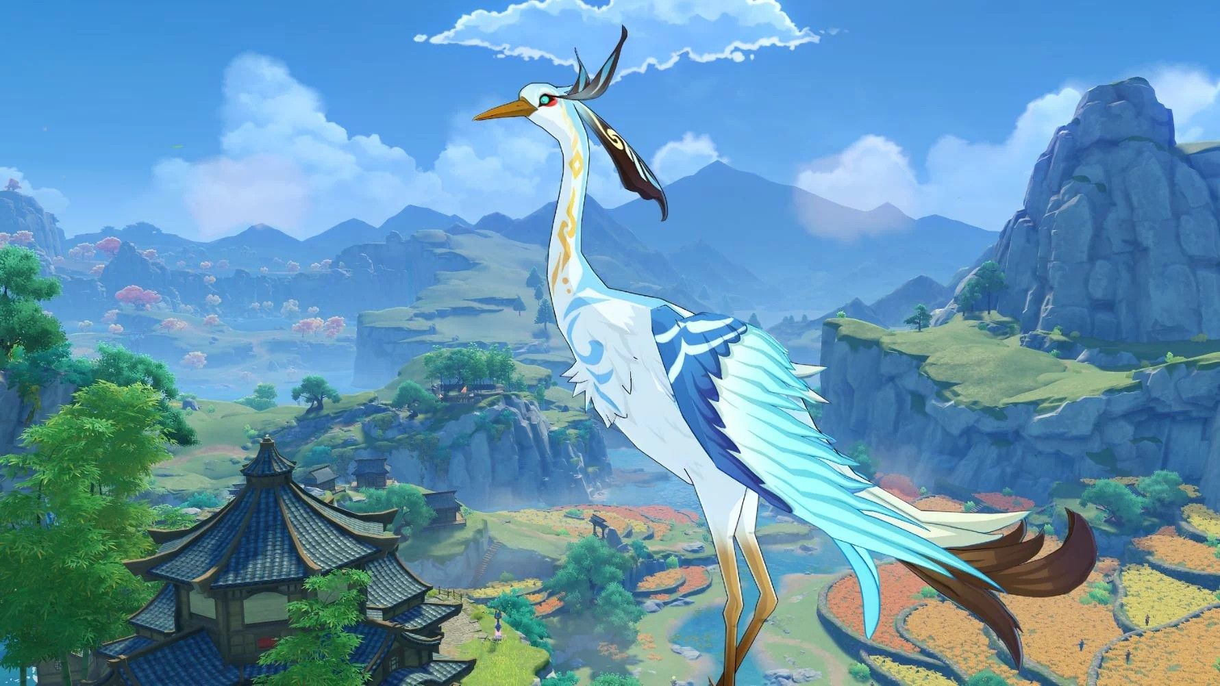 Cloud Retainer's crane form in Genshin Impact, overseeing the Liyue landscape.