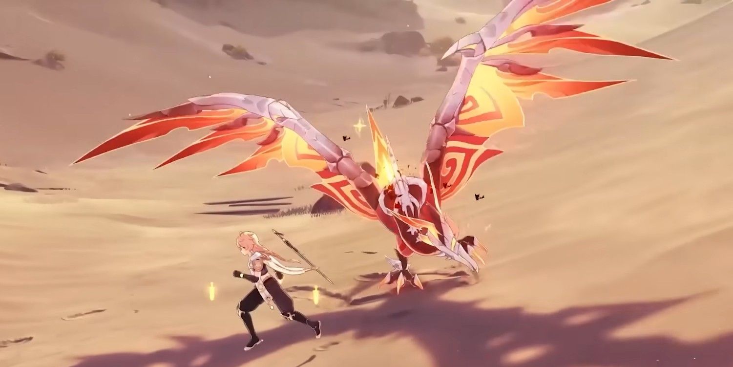 Aether fights a Consecrated Red Vulture in Genshin Impact.
