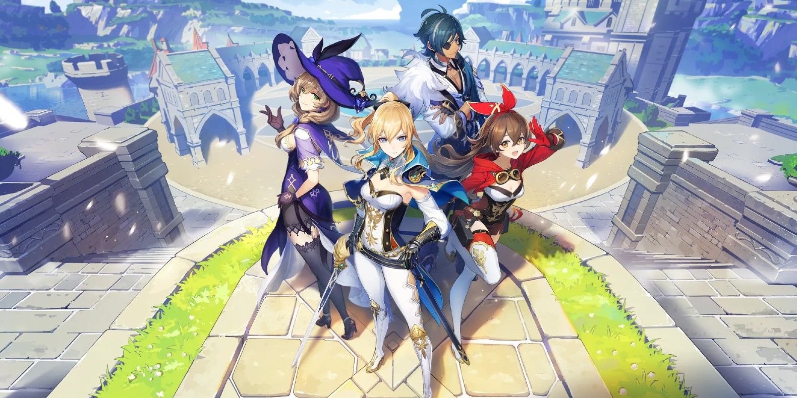 Genshin Impact's main artwork, showing Mondstadt's Lisa, Kaeya, Amber, and Jean standing in front of the city's upper square.