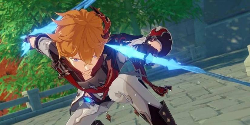 Childe prepares for combat during a Liyue cutscene in Genshin Impact.