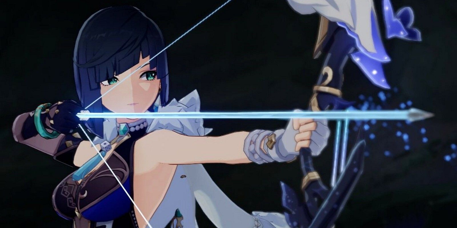 Genshin Impact Yelan draws her Aqua Simulacra bow with a blue arrow.