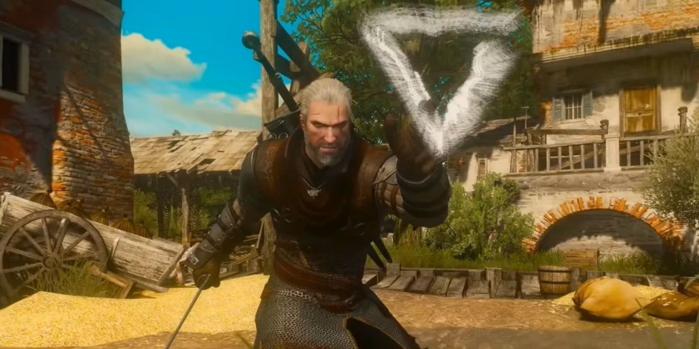 Geralt lançando Axii em combate em The Witcher 3.