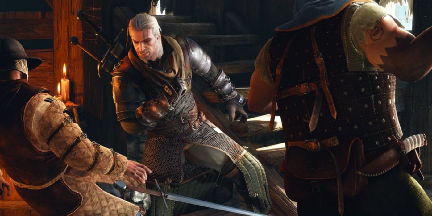 Geralt lutando contra bandidos em The Witcher 3.
