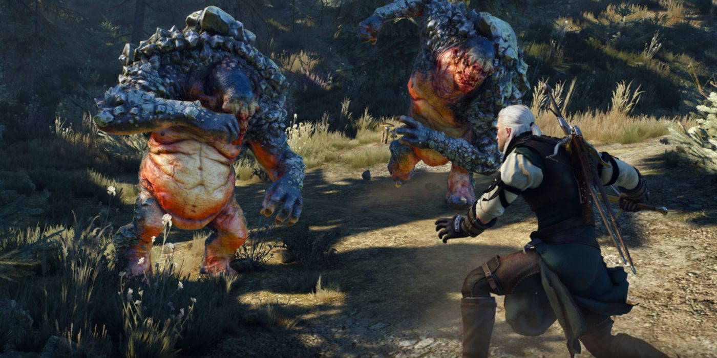 Geralt lutando contra dois Rock Trolls em The Witcher 3.
