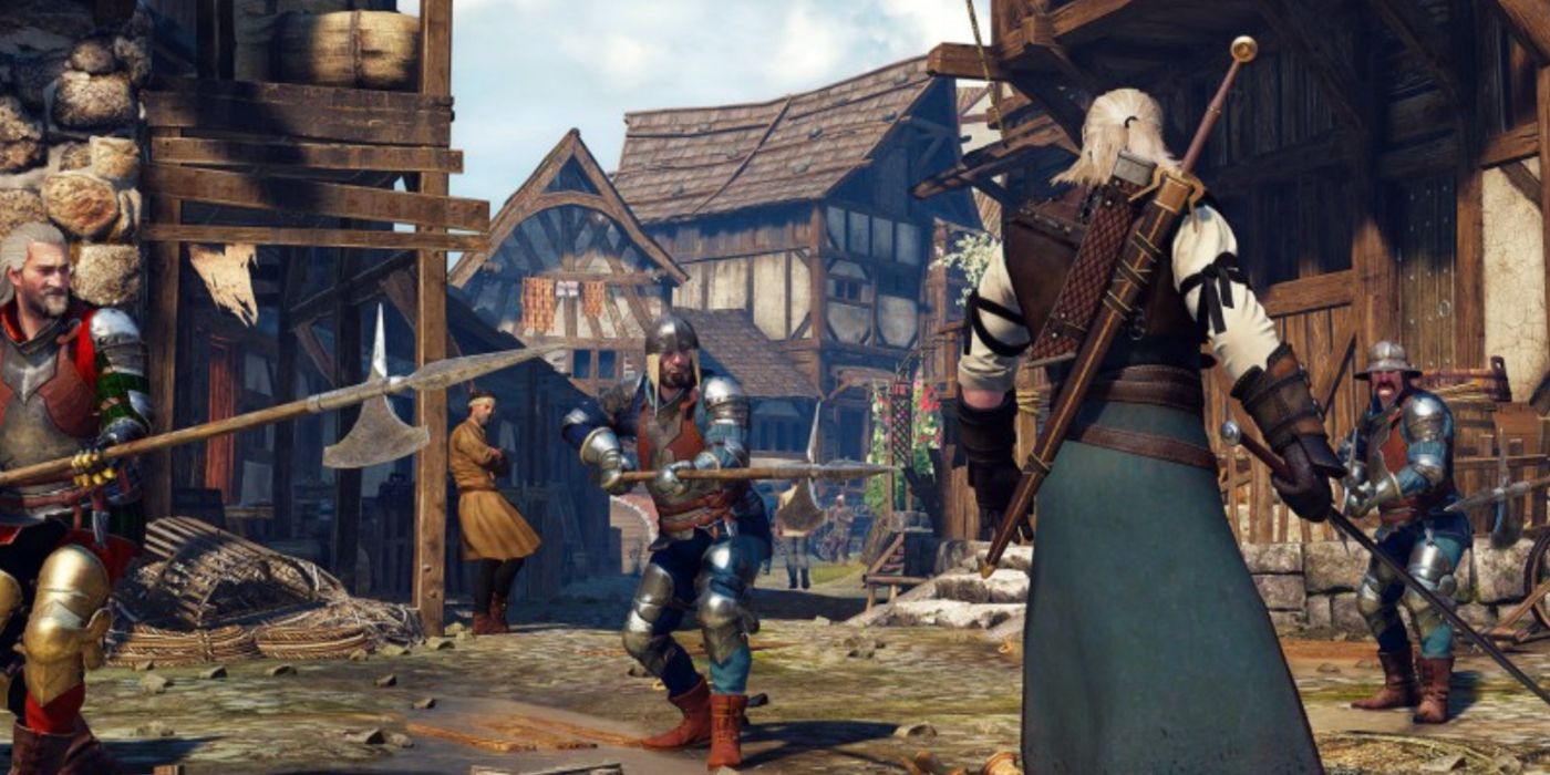 Geralt empunhando a Espada de Aço Ursine e o resto do set em combate contra guardas armados.