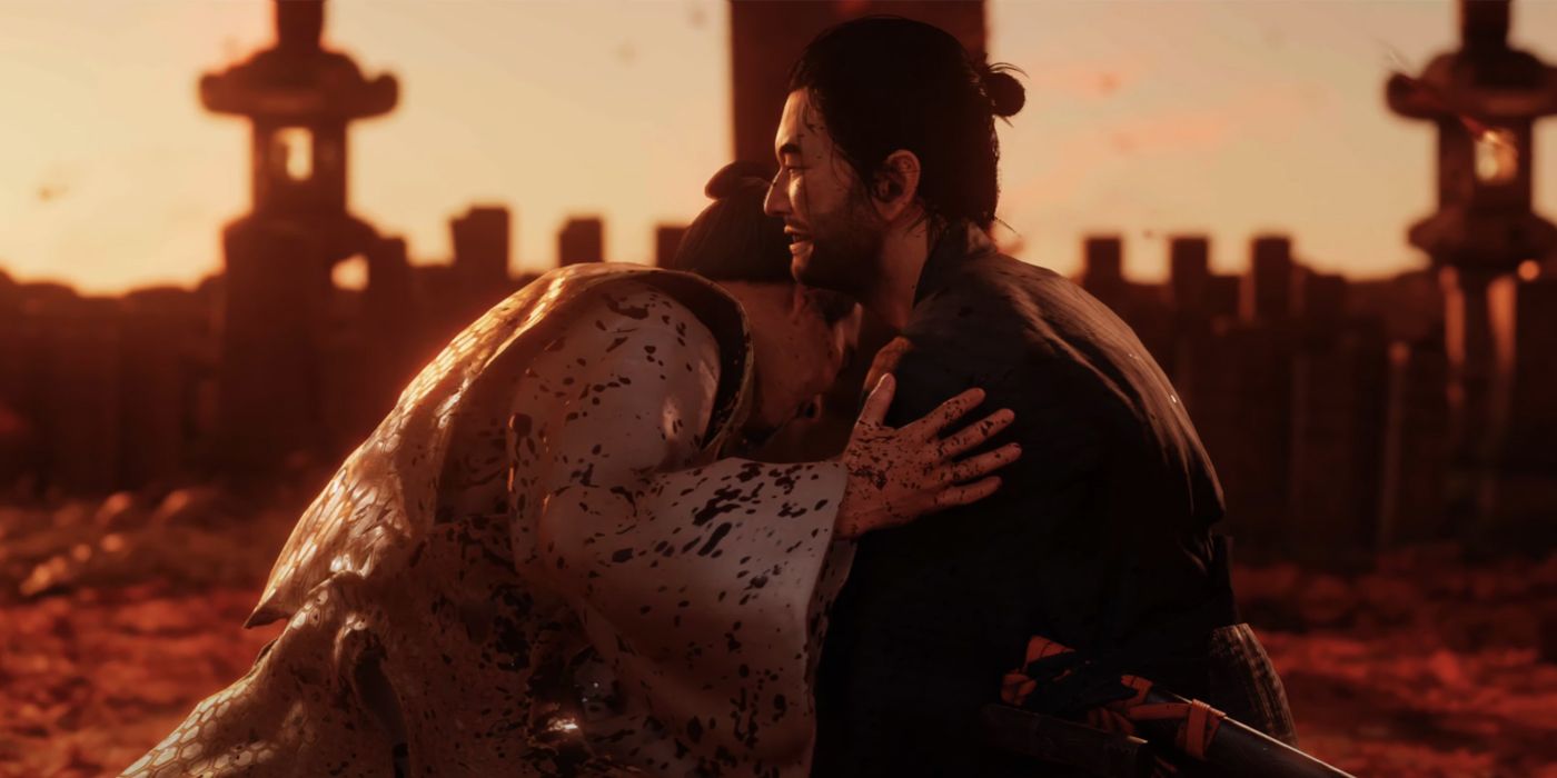 Jin holding a blade in his uncle's abdomen during the Honorable ending to their dual. The sun sets on the two embracing each other, Lord Shimura covered in blood and Jin grimacing.