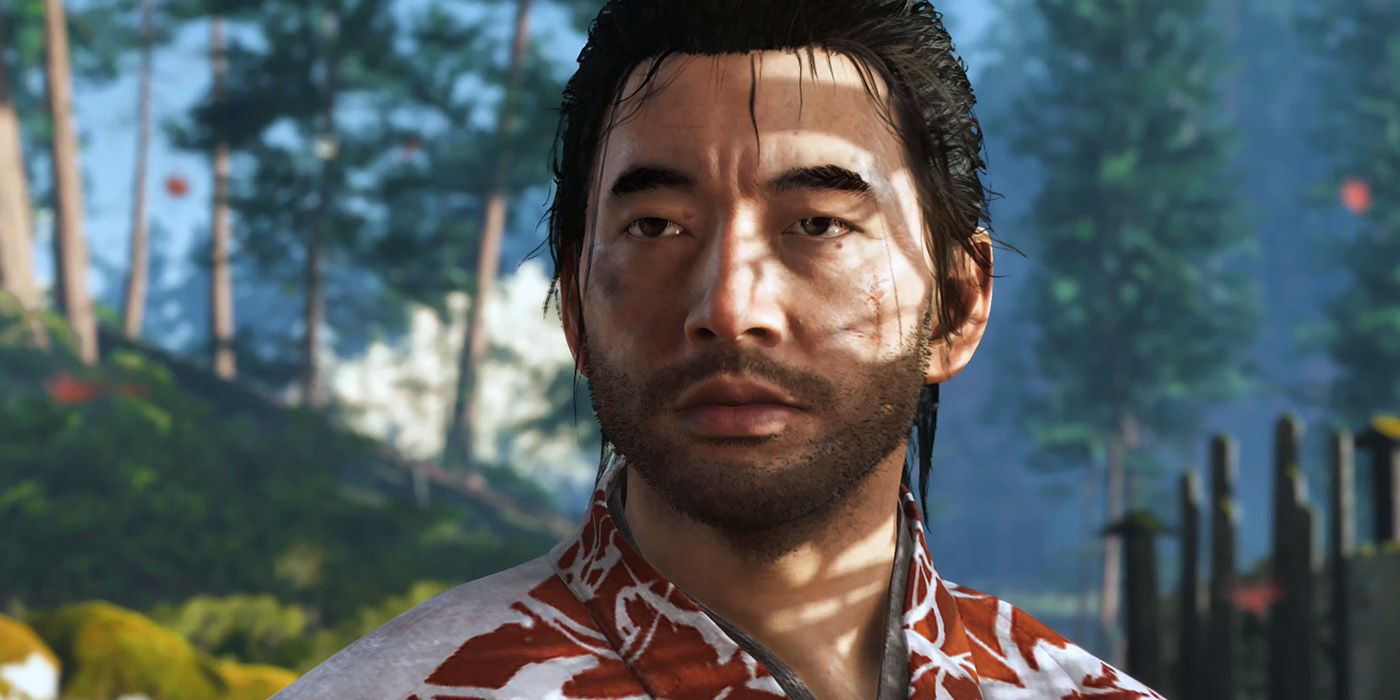 A close up image of Jin Sakai's face in Ghost of Tsushima.