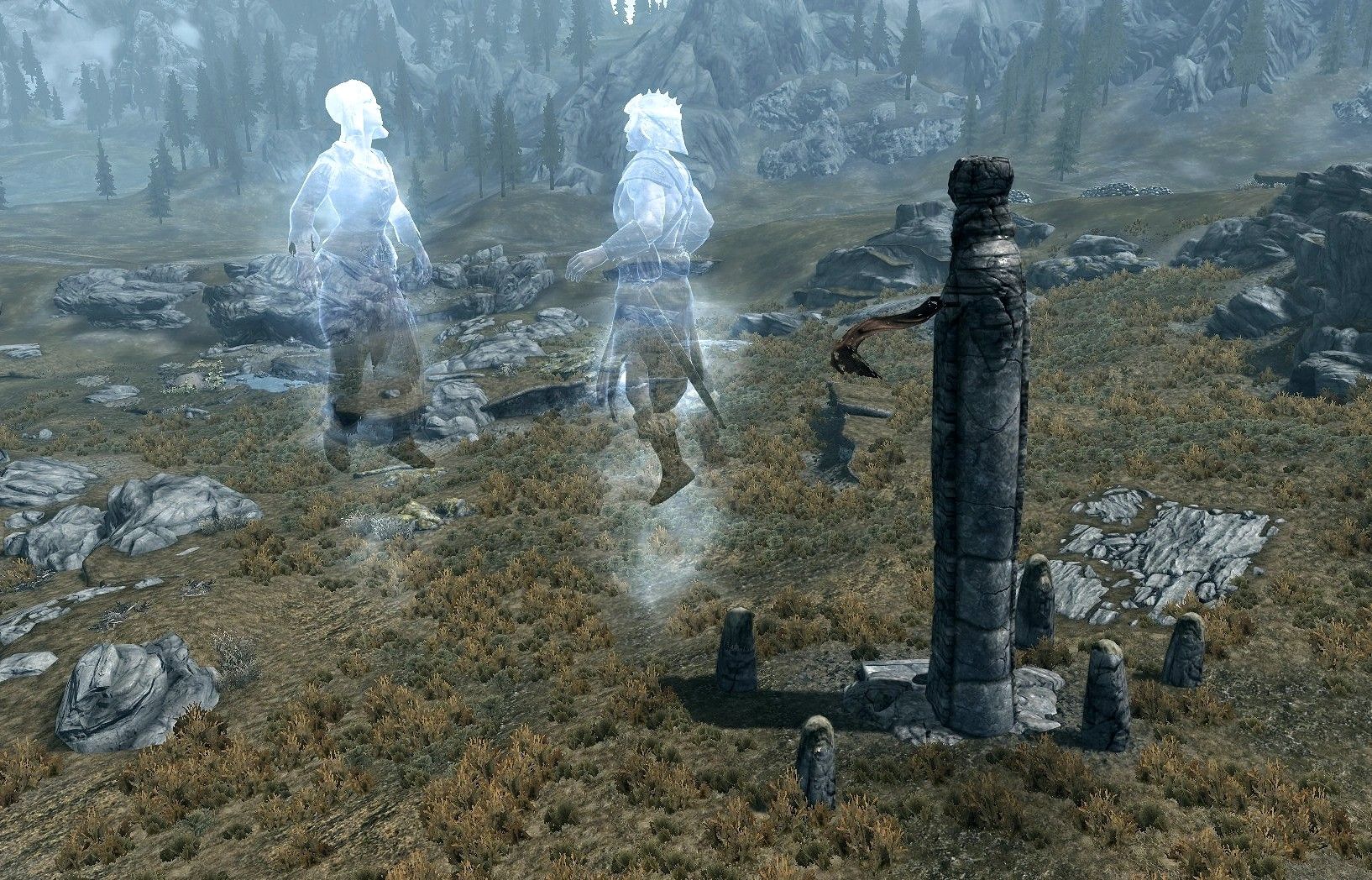 Ghosts Ruki and Fenrig talking to eachother by Gjukar's Monument in Skyrim.