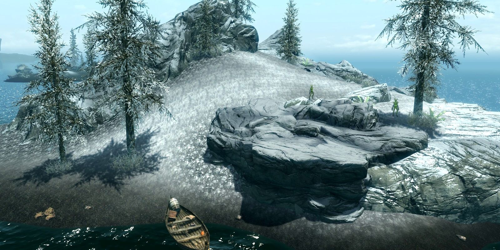 A snowy island with tall trees in Skyrim, at the bottom a rowboat sits empty.