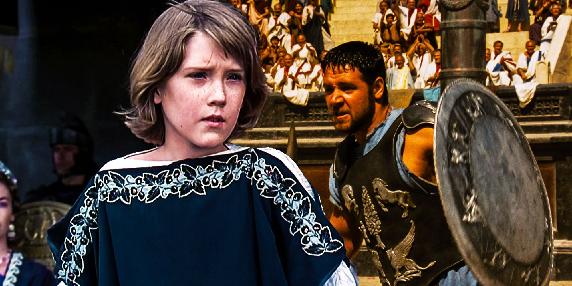 Split image of Lucius (Stephen Treat Clark) and Maximus (Russell Crowe) in the colosseum in Gladiator