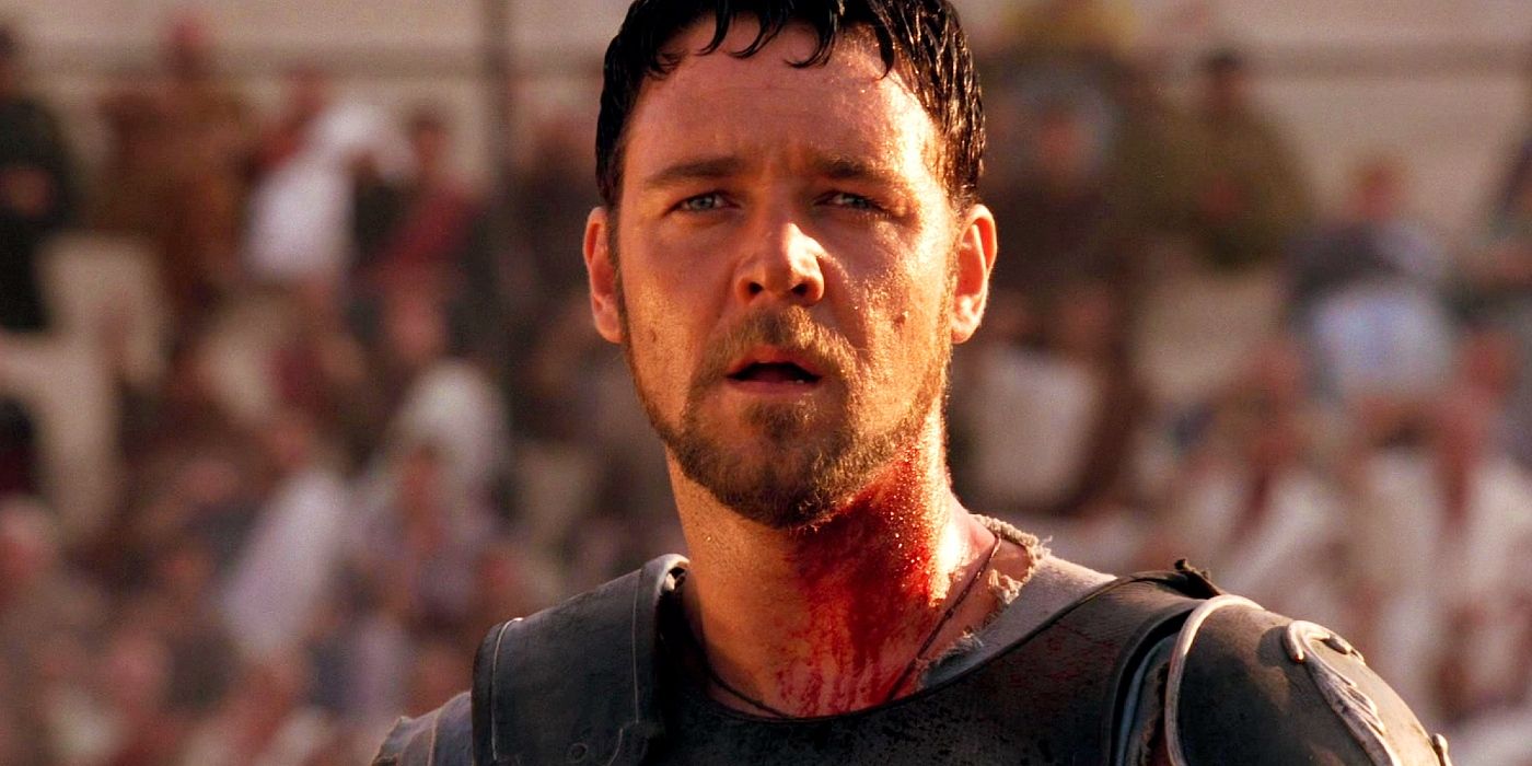 Russell Crowe bloody as Maximus in Gladiator.