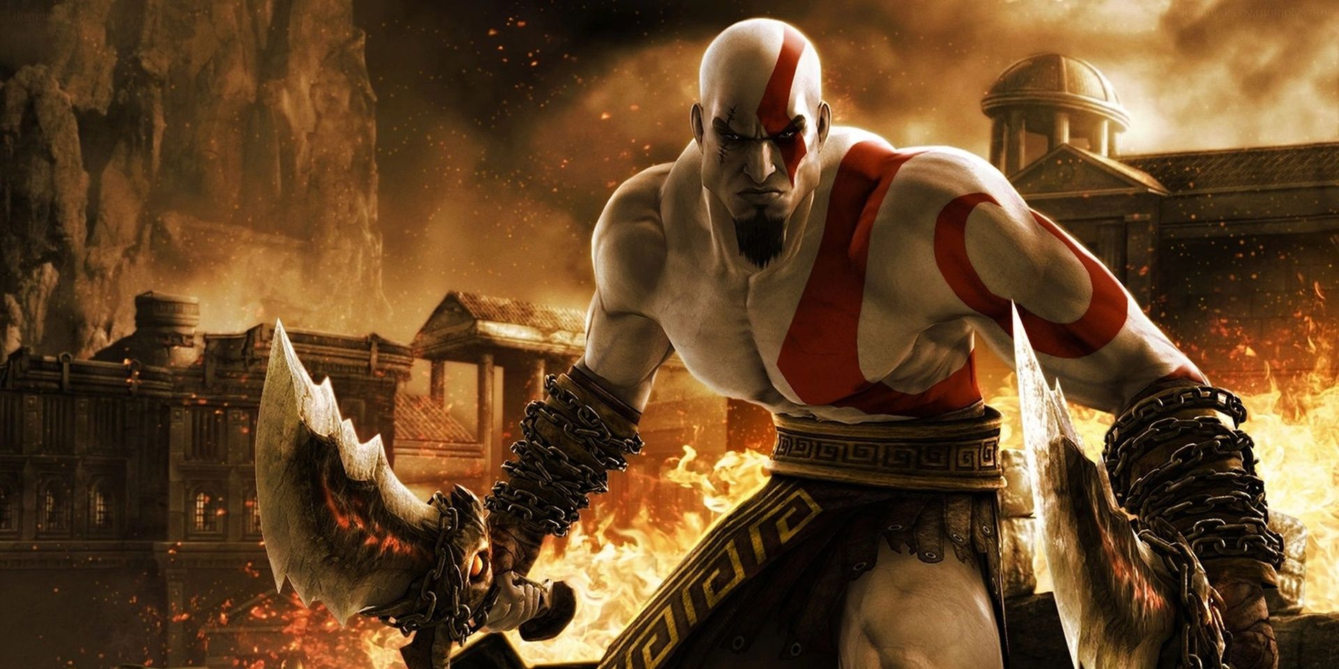 God of War 1 Kratos diante de uma cidade em chamas com suas lâminas brandidas