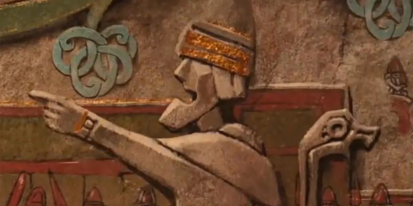 Um mural representando o deus cego Hodur em God of War de 2018