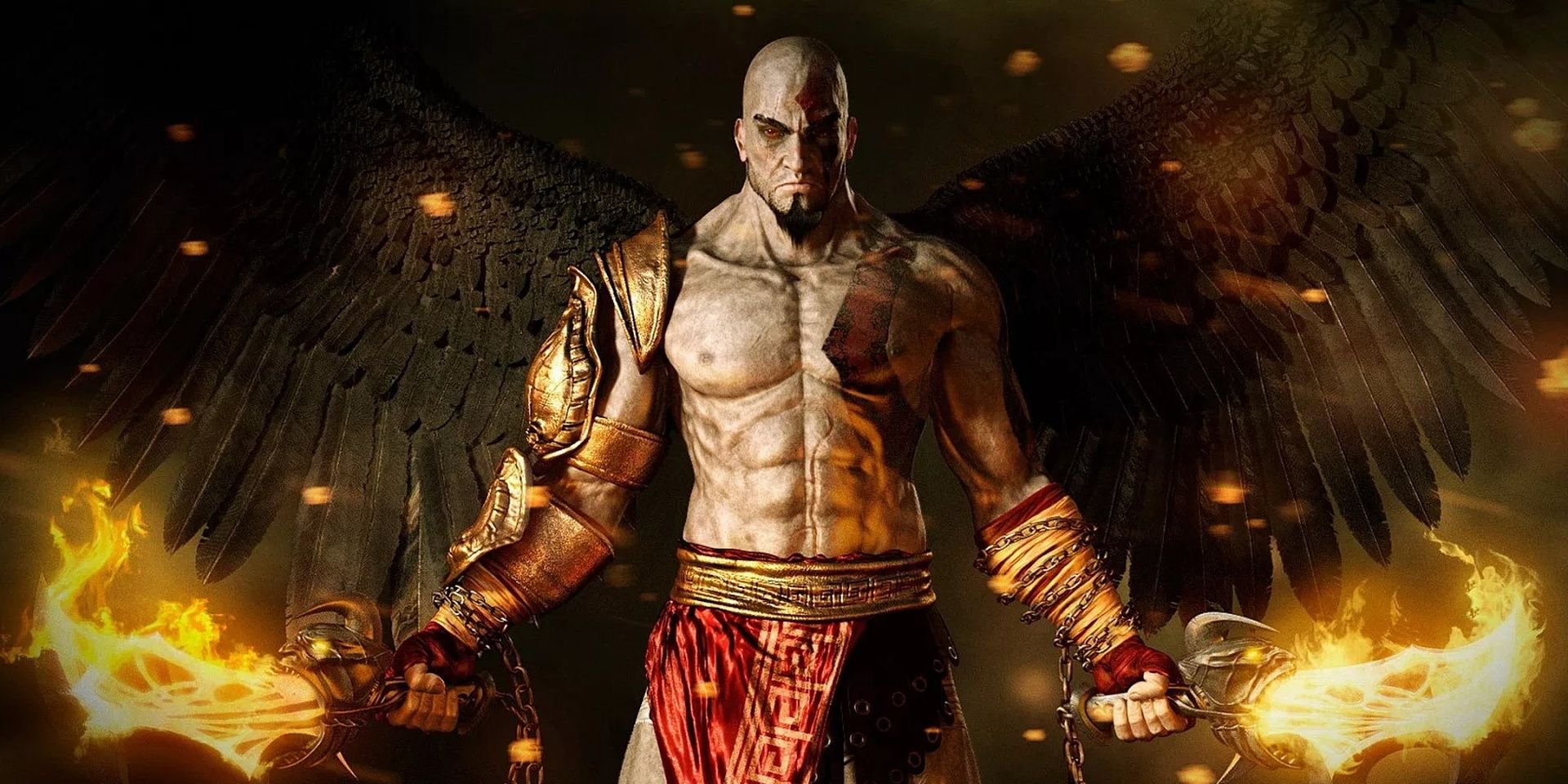God of War Kratos em pé com suas lâminas ardentes brandidas