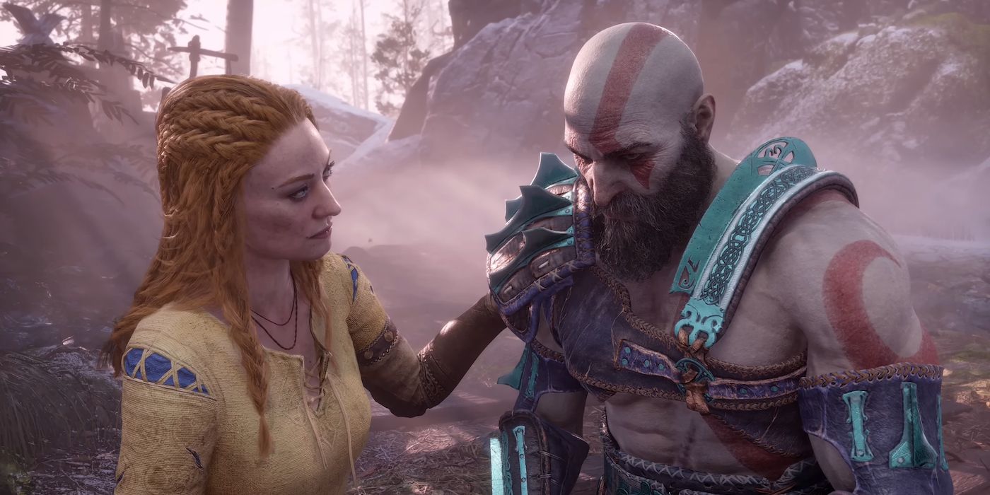 Faye rests her hand on Kratos' shoulder in God of War Ragnarok