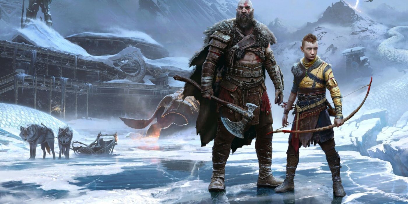 God of War: Seni promo Ragnarök yang menampilkan Kratos dan Atreus di tanah beku dan bersalju di Skandinavia kuno.