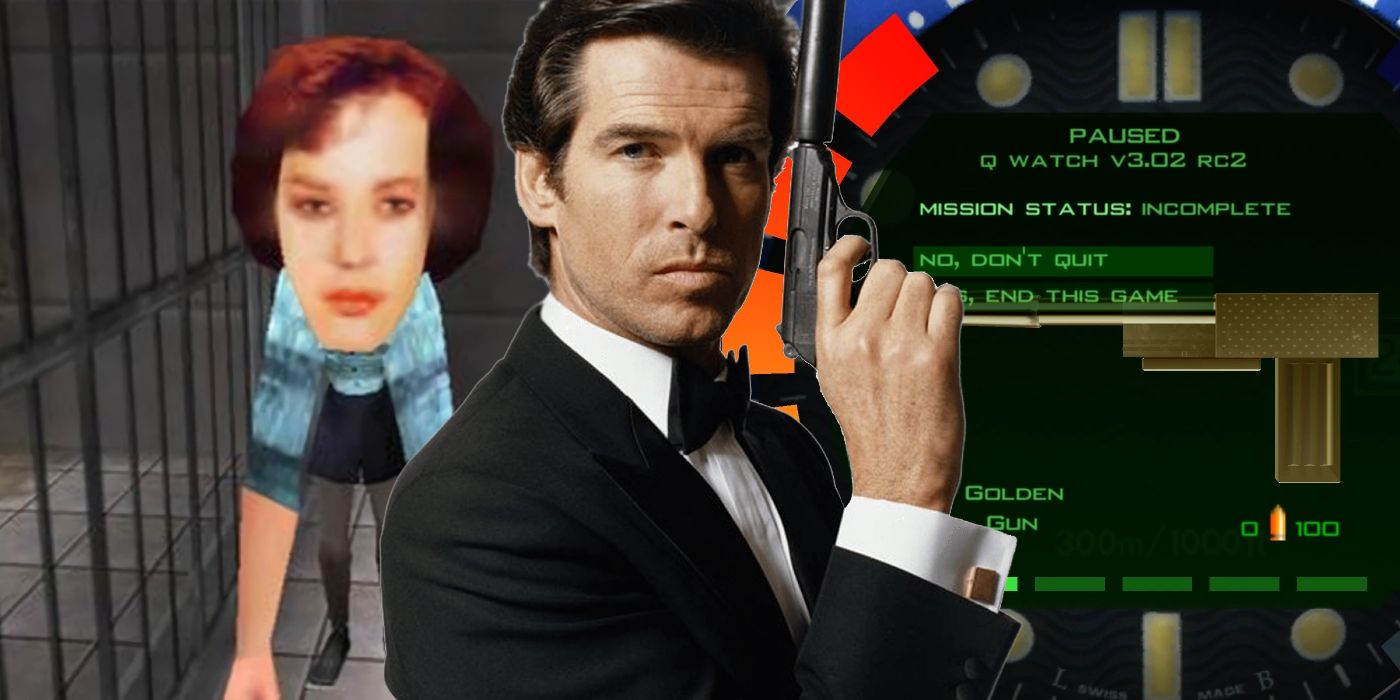 Pierce Brosnan's James Bond holding a silenced pistol in front of a split background showing two GoldenEye 007 cheat codes - Big Head mode on the left, and the Golden Gun on the right.