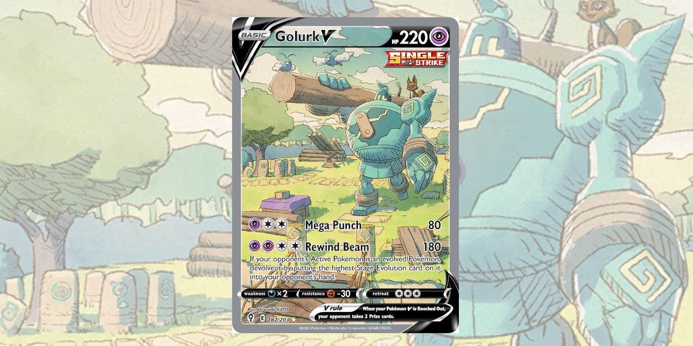 Golurk V Pokémon TCG Playing Card, showing Gorlurk carrying a huge log.