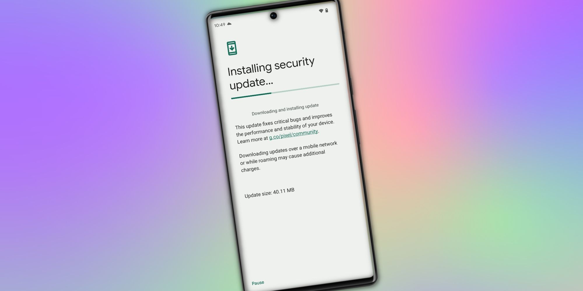 screenshot of the Google Pixel January update installing on a Pixel 6a