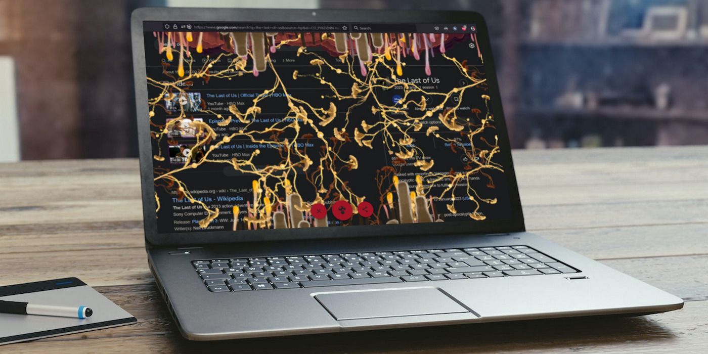 The Last of Us Easter egg di Google, menunjukkan jamur menyebarkan tentakelnya di layar laptop