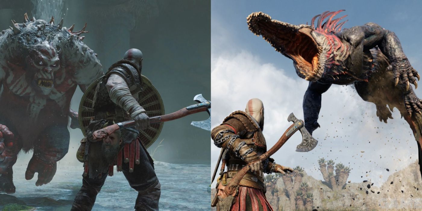 Split image of Geralt fighting some of the world's many beasts in the 2018 game and in the sequel.