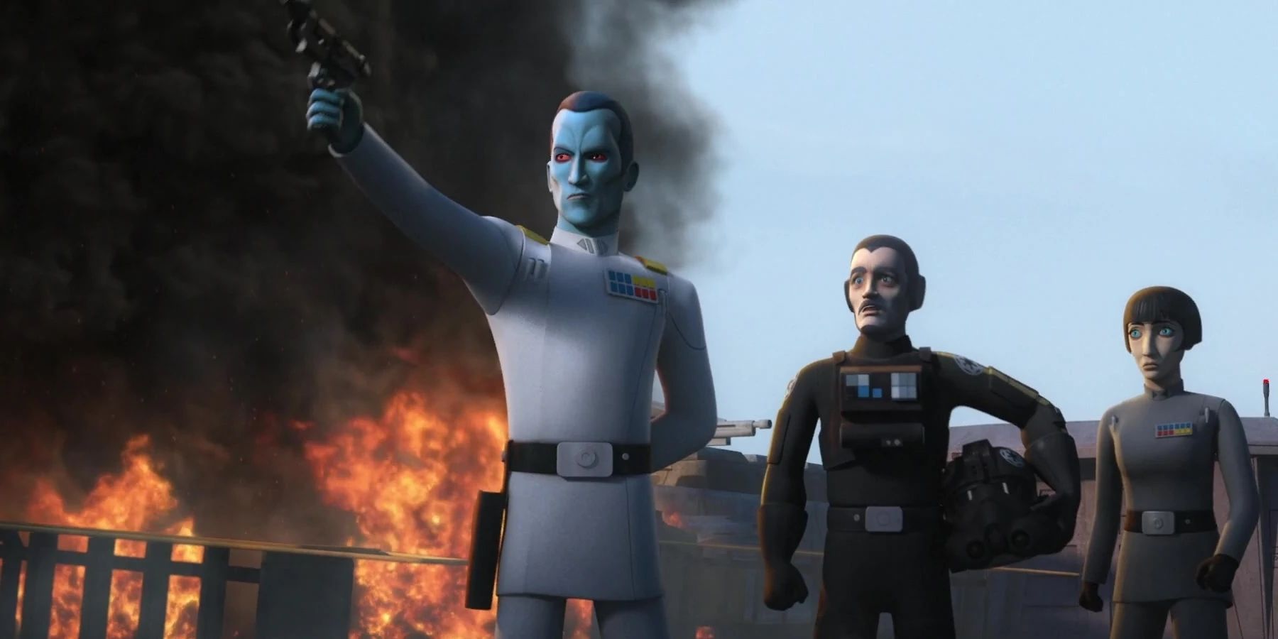 Grand Admiral Thrawn points a gun up In Star Wars Rebels