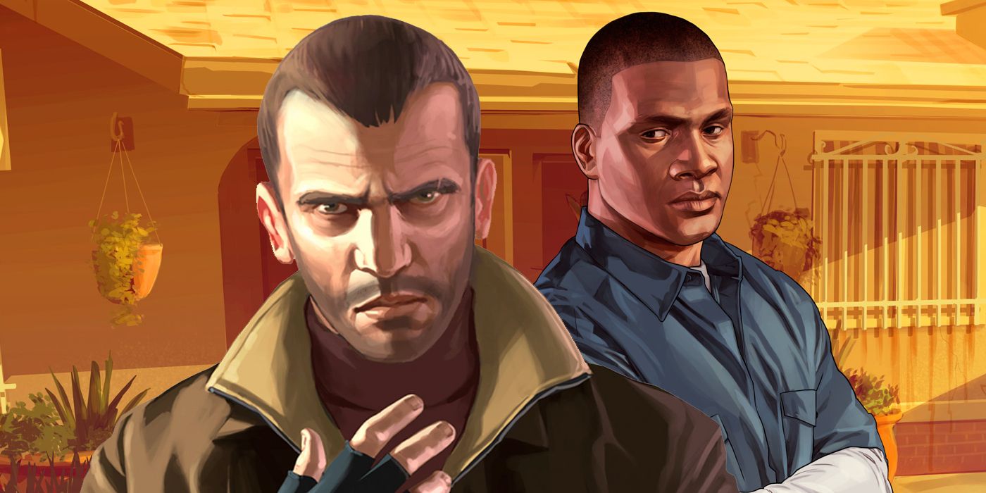 Official artwork from GTA 4 and GTA 5 depicting Niko Bellic and Franklin Clinton.