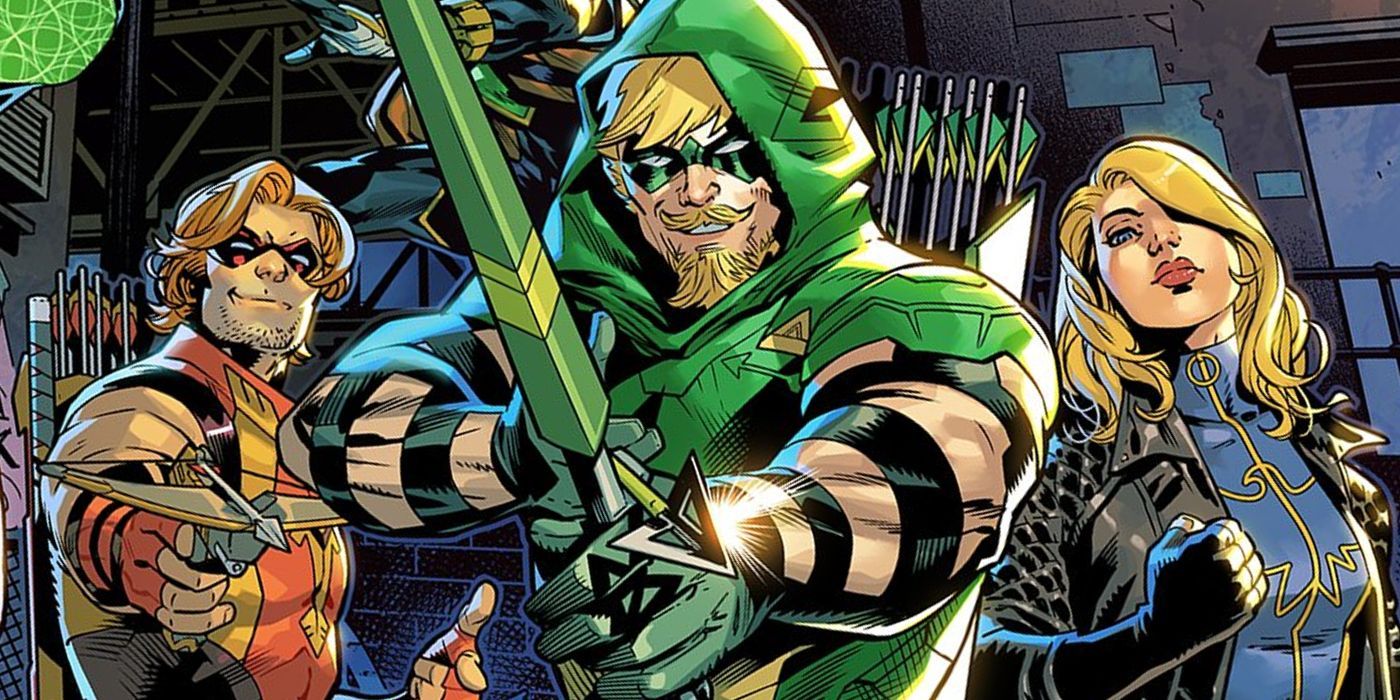 Flecha Verde en Portada DC Comics apuntando con su arquero hacia arriba