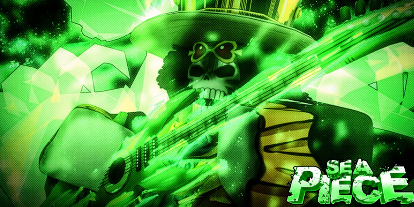 Roblox green Sea Piece poster art featuring a skeleton character holding a guitar