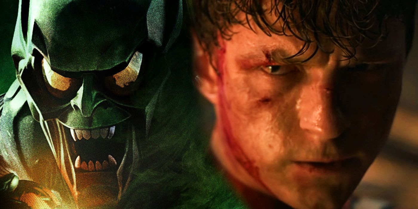 Split Image: Green Goblin confronts Spider-Man in No Way Home poster;  Tom Holland's Spider-Man glares at the Green Goblin, a shadow cast across his face