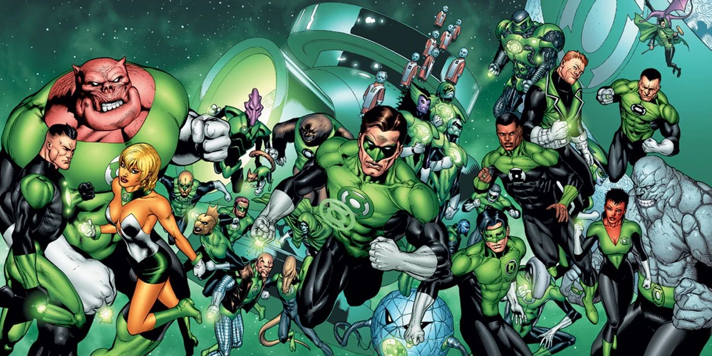 The Green Lantern Corps flying through space in DC Comics.