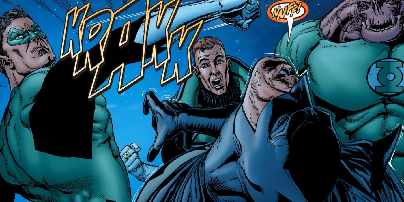 Hal Jordan punches Batman as Guy Gardner cheers on.
