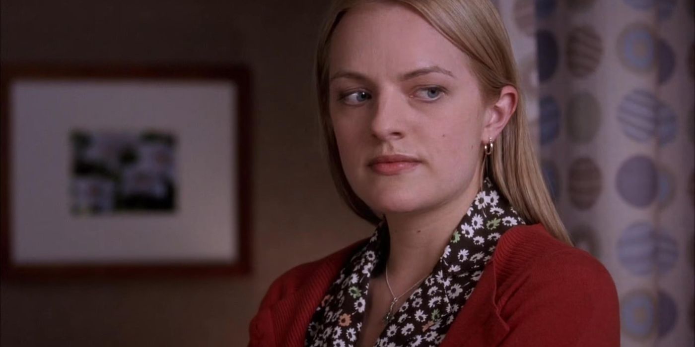 Elisabeth Moss looking serious as Nina at the hospital on Grey's Anatomy