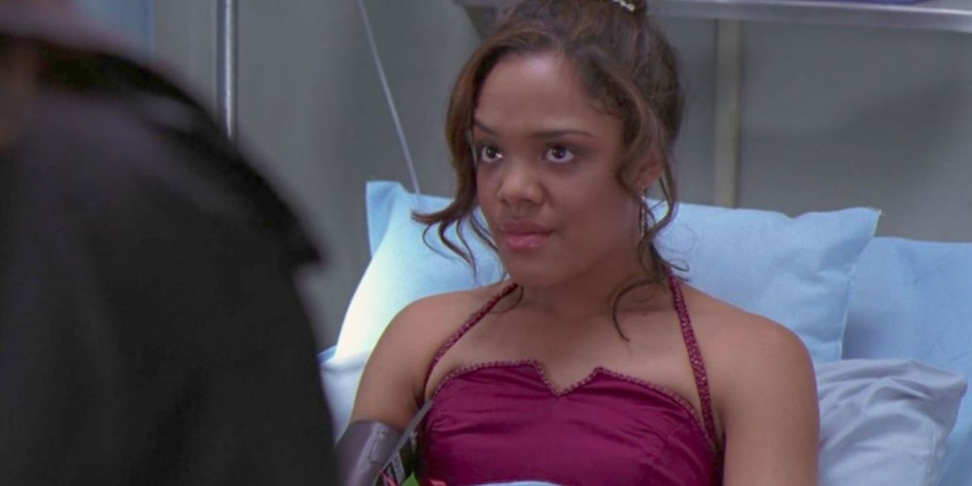 Tessa Thompson as Camille lying in a hospital bed in Grey's Anatomy