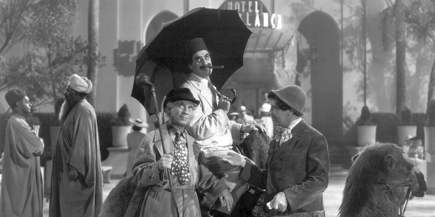 groucho segurando um guarda-chuva e chico e zippo marx sentados em cima e ao redor de um camelo em uma noite em casablanca