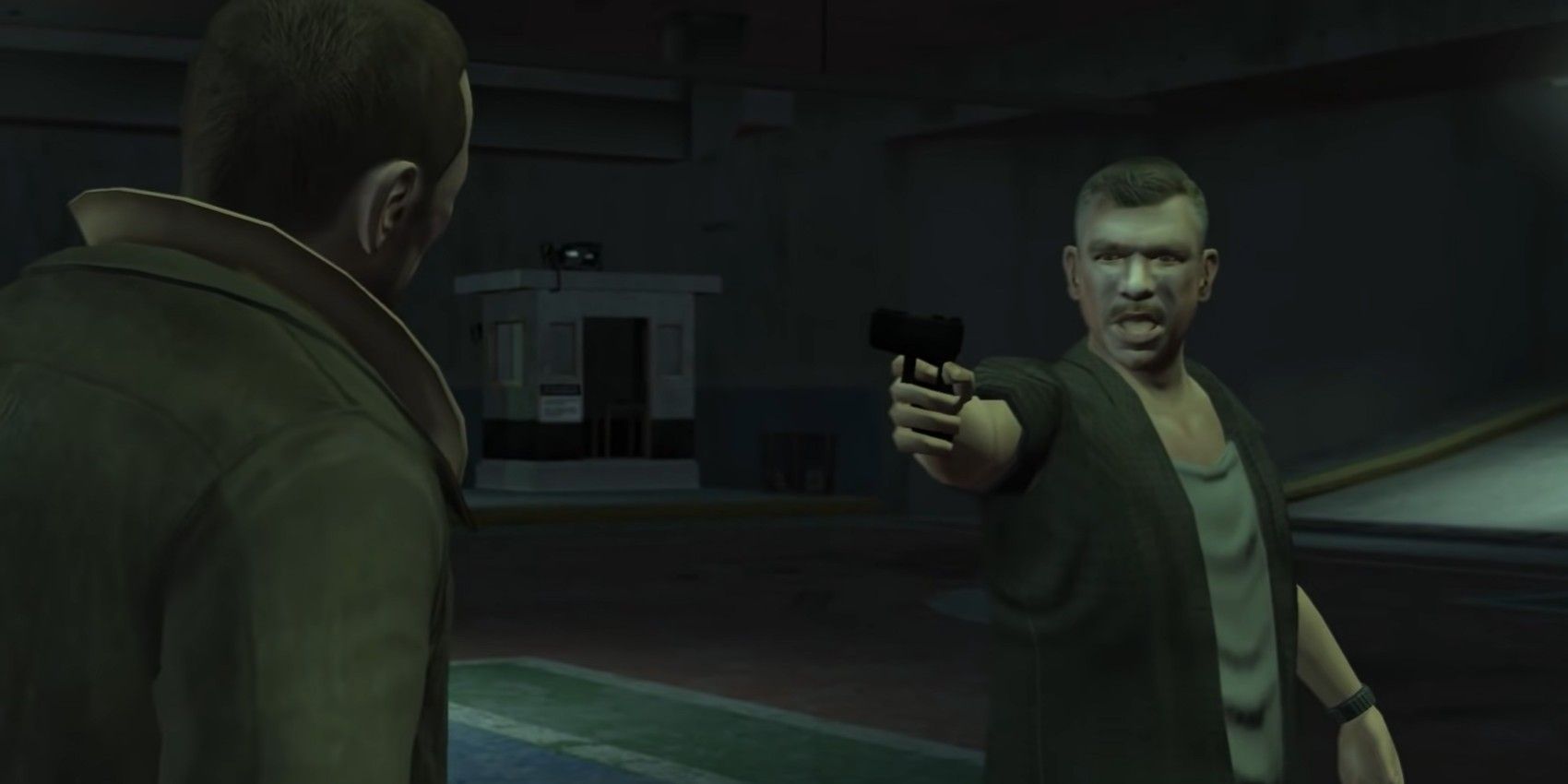 Jeff Harlingford aponta uma arma para Niko em Grand Theft Auto 4