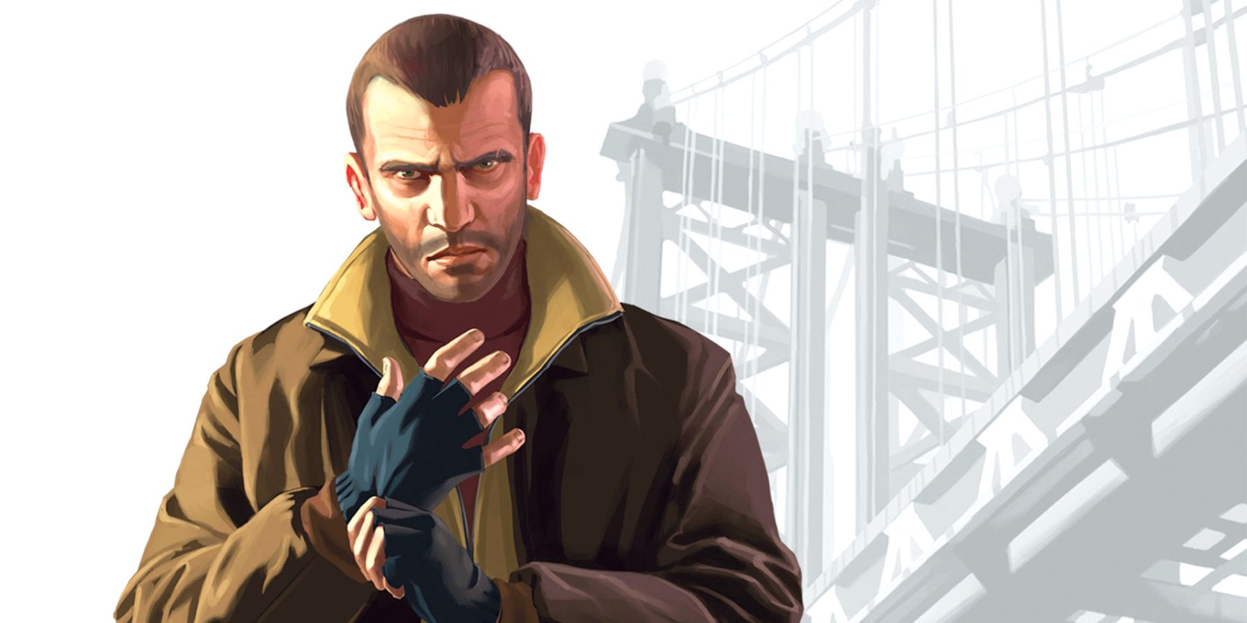Promotional GTA 4 artwork of Niko Bellic pulling on fingerless gloves, with a black and white background of a Liberty City bridge.