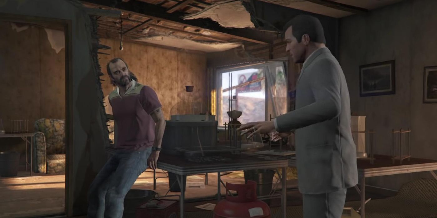 Trevor e Michael discutem dentro de casa em GTA V