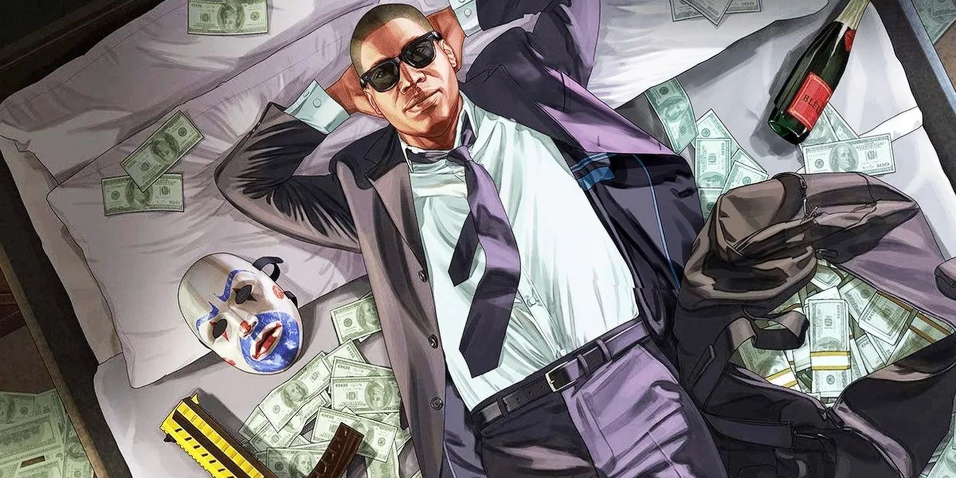 GTA 5 Online character lays in a bed of money