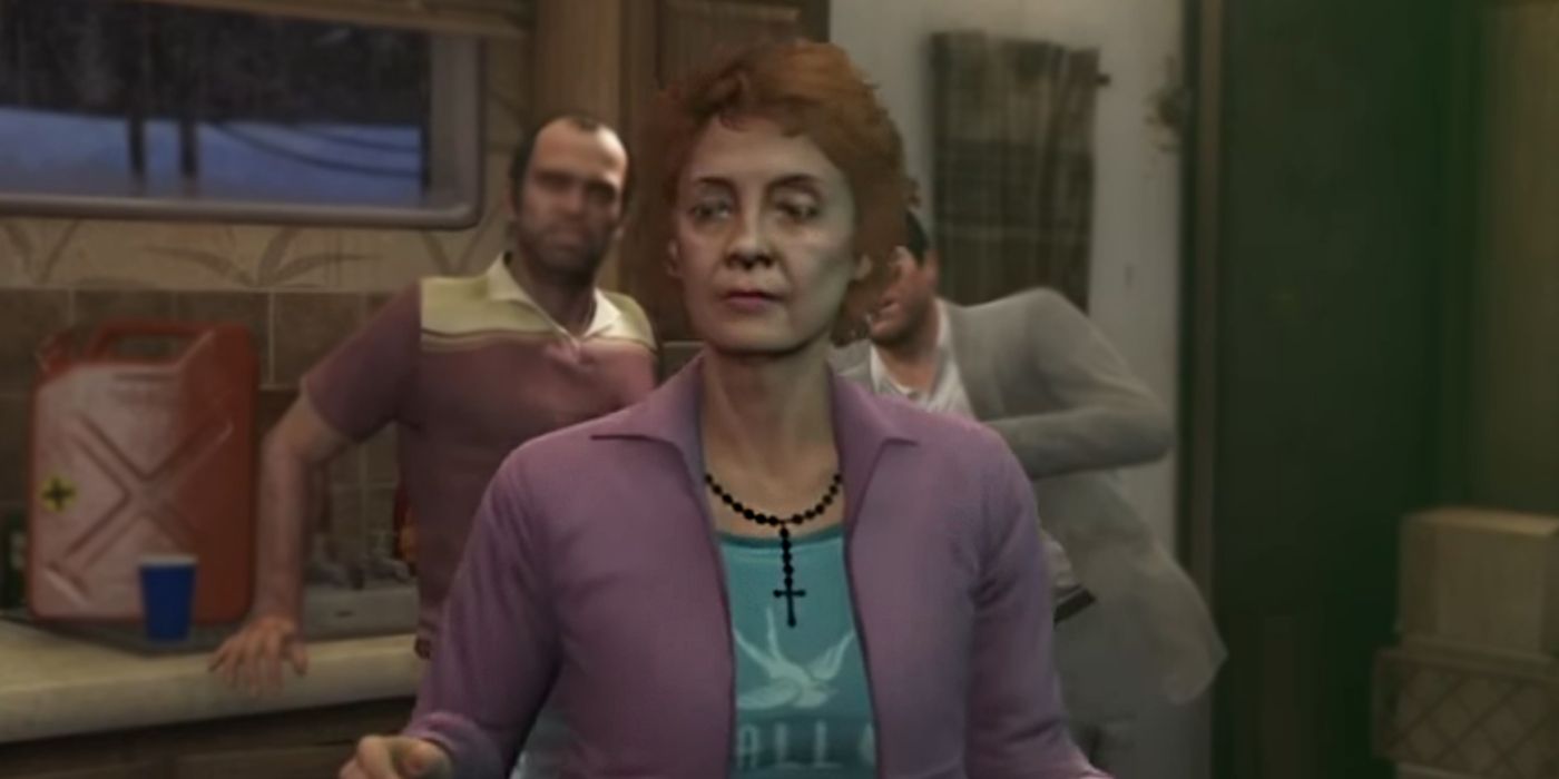 Trevor and Michael stand behind Patricia in GTA V