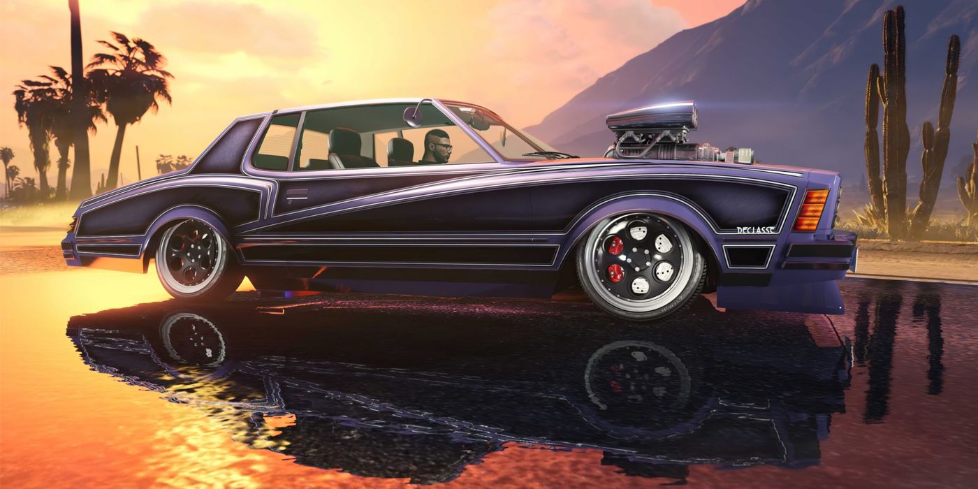 A muscle car sitting on wet pavement at sunset in GTA Online, showcasing the game's ray tracing capabilities.