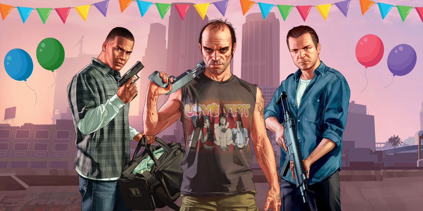GTA 5's Franklin, Trevor, and Michael with party decorations behind them.