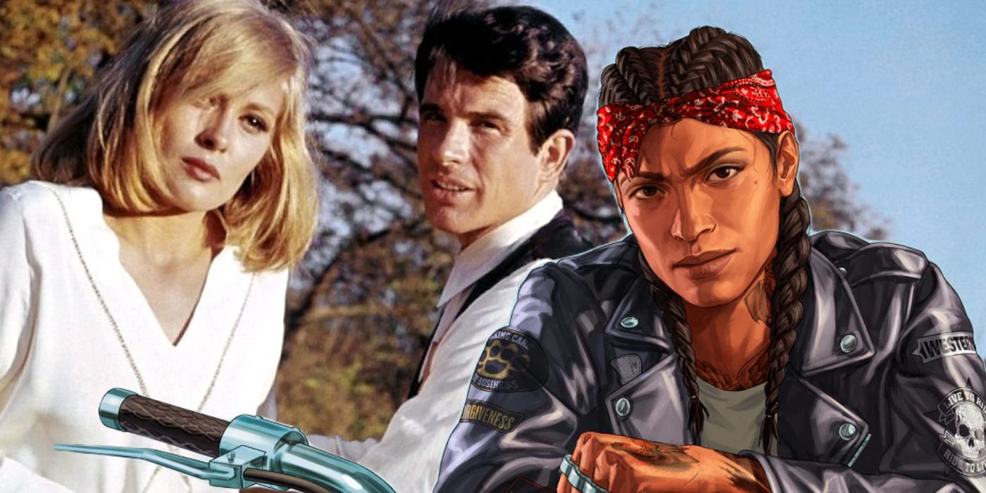 Bonnie and Clyde from the 1967 movie of the same name with a female biker character from GTA Online pasted to the right.