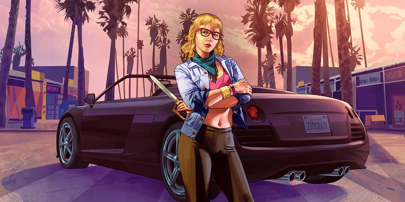 Official GTA Online artwork showing a blonde woman wearing black leggings, a pink crop top and a denim jacket wielding a bayonet stood in front of a black sports convertible.