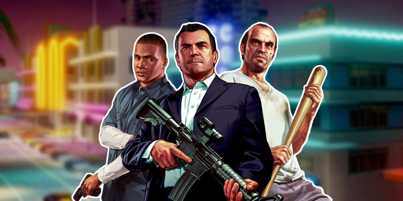 Artwork of Michael, Trevor, and Franklin from GTA 5 pasted against a blurred Vice City backdrop.