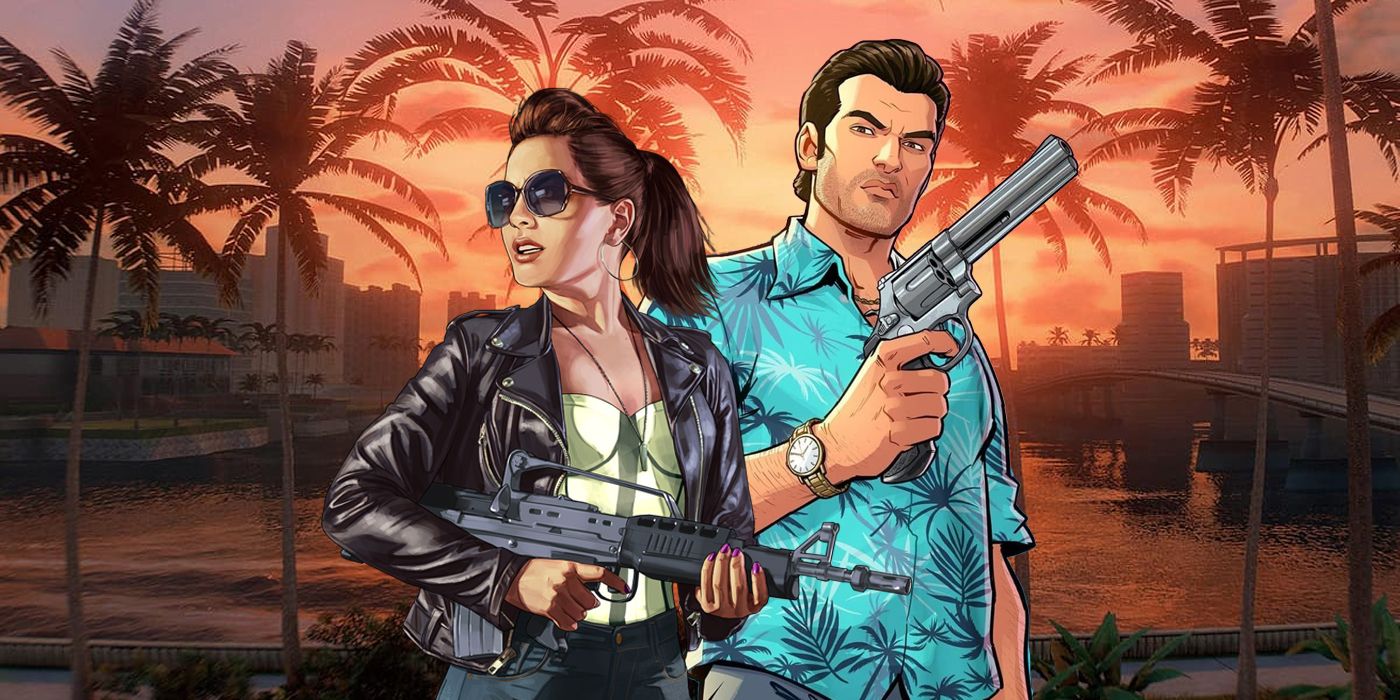 An unnamed female character representing GTA 6 protagonist Lucia with GTA Vice City's protagonist Tommy Vercetti against a next-gen rendition of Vice City