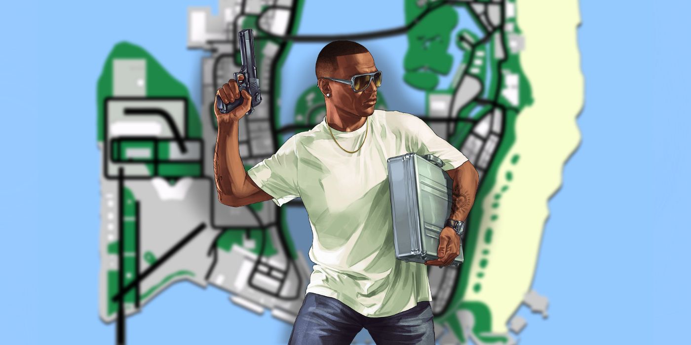A GTA 5 character cutout atop a map of GTA: Vice City's map