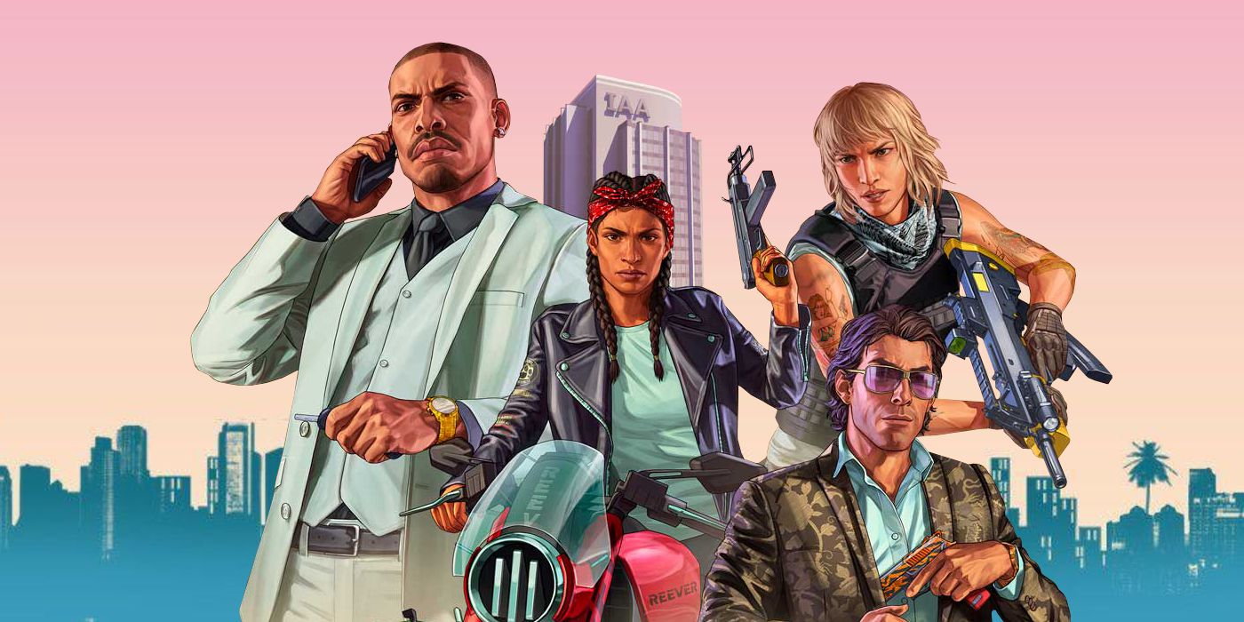 Four characters wielding guns from GTA Online posed in front of a background showing Vice City's skyline at sunset.