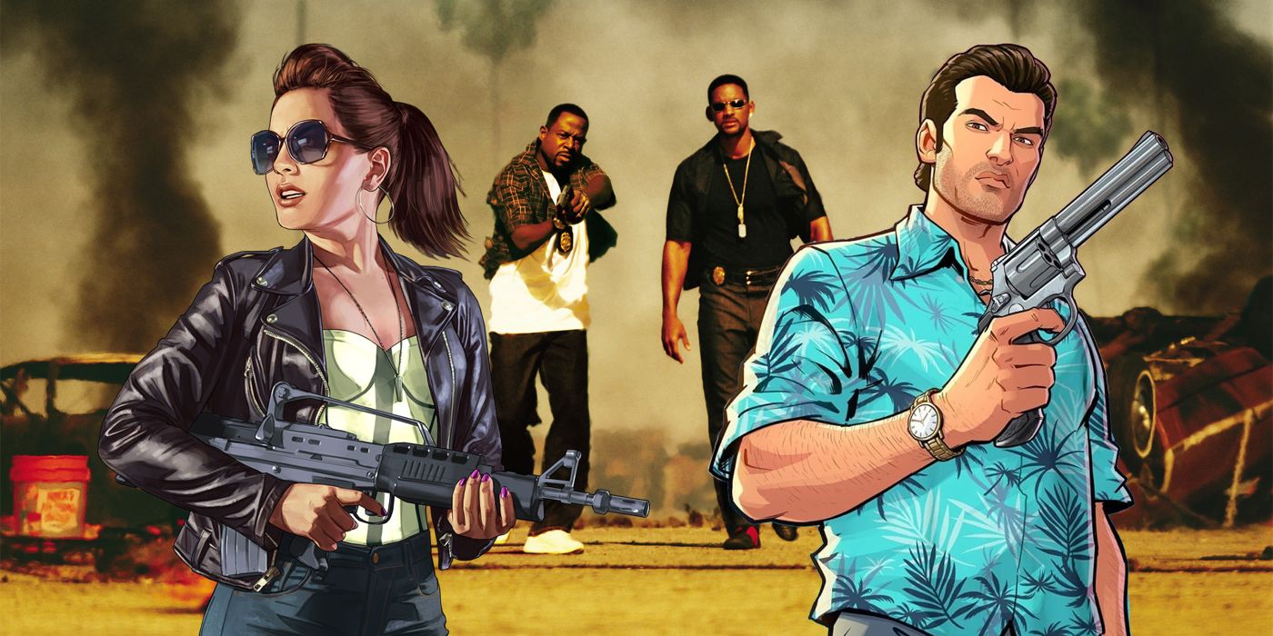 Miami police officers Mike Lowrey and Marcus Burnett from Bad Boys 2 in the background of two GTA characters.