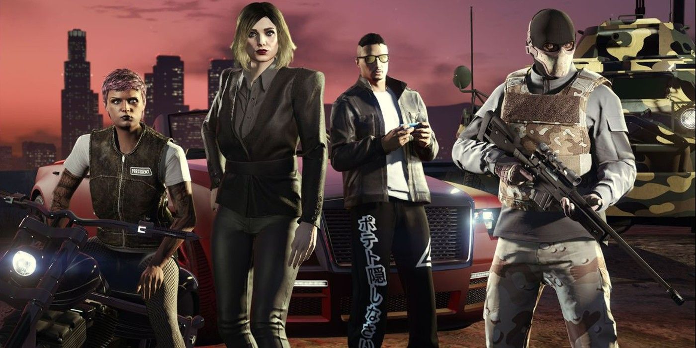 An image of representatives of several criminal careers in GTA Online, all standing in front of the Los Santos skyline during twilight